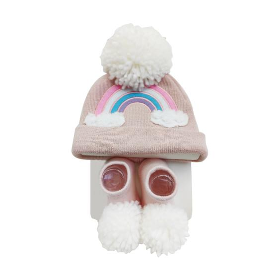 ชุดหมวกถักและรองเท้าบู๊ทสำหรับอากาศหนาวสำหรับเด็กพร้อมสีรุ้ง