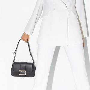 Custom Smooth Leather Women Baguette Bag Black Shoulder Handbag Purse