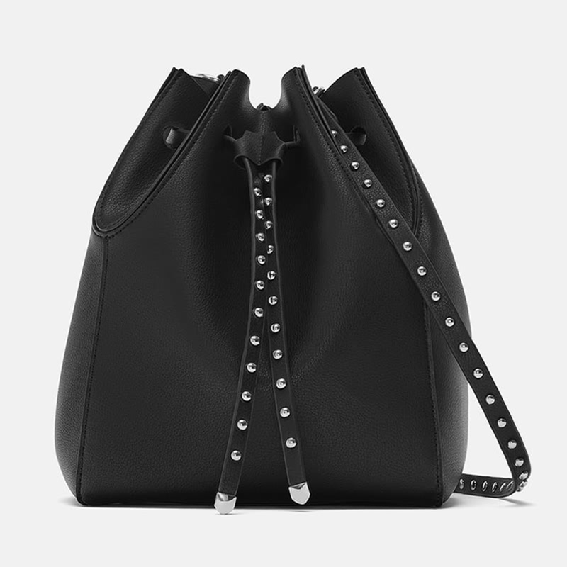 Custom Leather Women Drawstring Handbag Black Studded Bucket Bag Featured Image