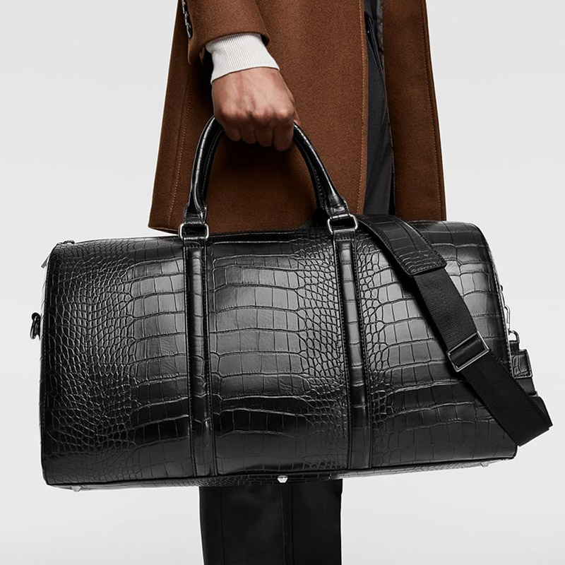 Custom Black Croc Leather Fashion Duffle Weekender Overnight Bag For Men