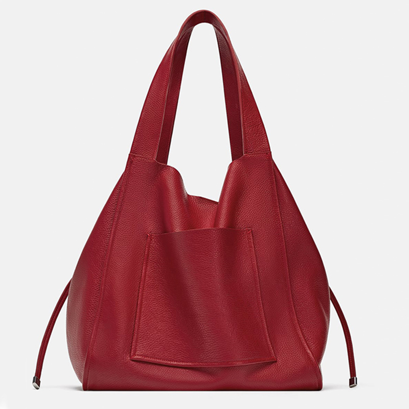 Customized Red Real Full Grain Pebble Leather Women Tote Shoulder Bag Supplier
