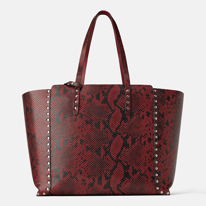 Customized Snake Printed Leather Women Studded Tote Shopper Bag Factory Featured Image