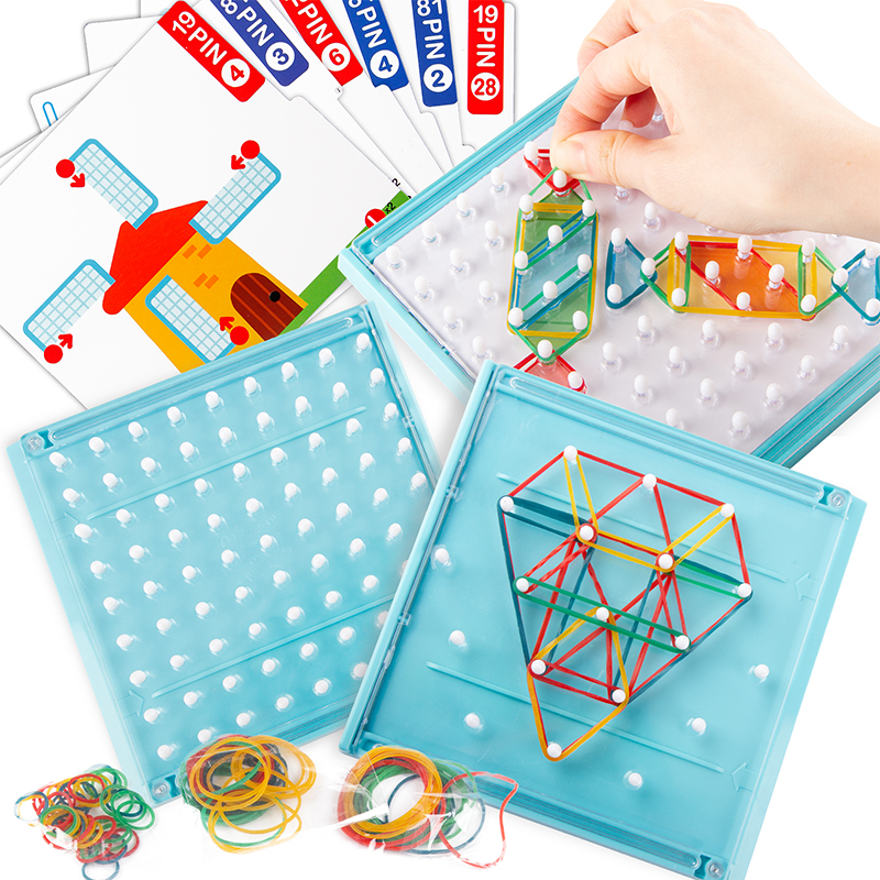 Детская развивающая доска Монтессори, детская математическая графическая геоборда, игрушка STEM с 60 карточками с узорами и 100 латексными лентами