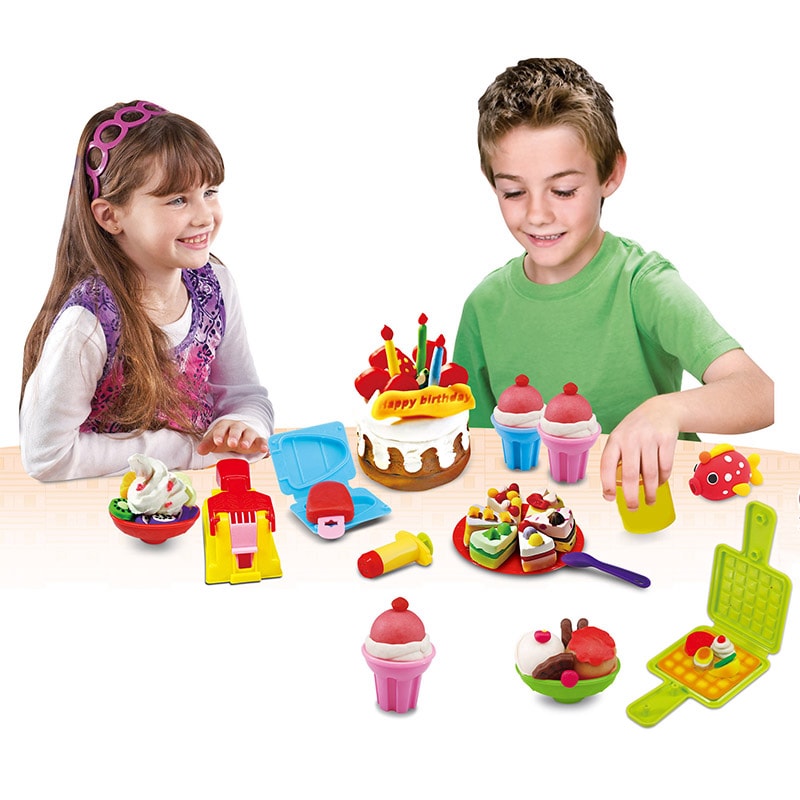 کودکان پیش دبستانی وانمود می کنند بازی کیک جشن تولد درست کردن ست ابزار گلی پلاستیکی لوکس کیت قالب DIY اسباب بازی خمیر آموزشی کودک