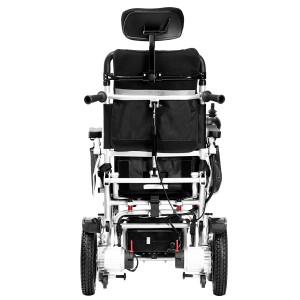 Silla de ruedas eléctrica reclinable con respaldo alto y cómodo acolchado.
