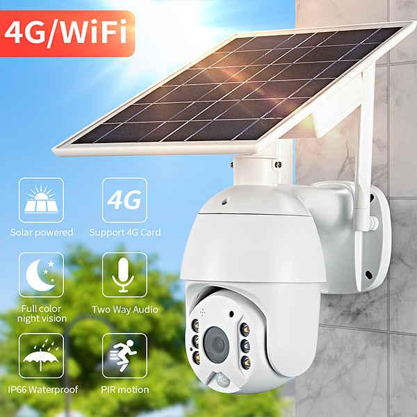 ការច្នៃប្រឌិតតែមួយគត់ PTZ Wireless Outdoor Solar Powered Wifi Security Battery Camera ស៊ីមកាត 4G