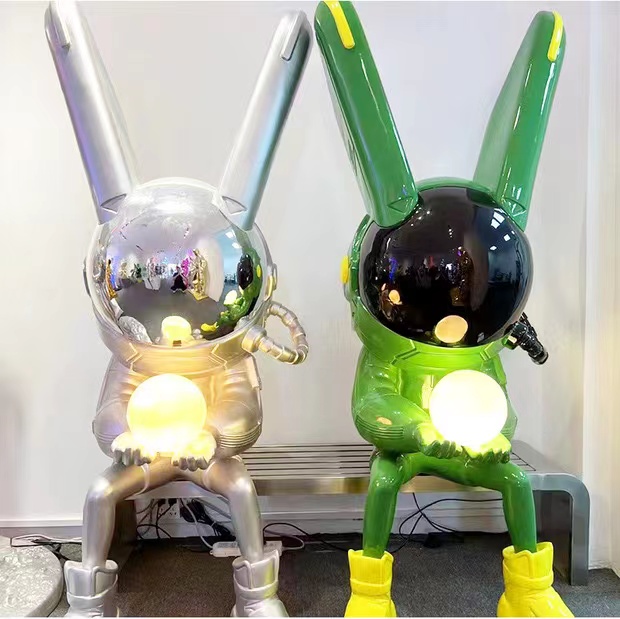 Escultura de fibra de vidre de conill de decoració d'exhibició de dibuixos animats de moda