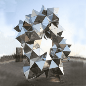 Moderna subĉiela abstrakta geometria modelado grandskala neoksidebla ŝtalo skulptaĵo