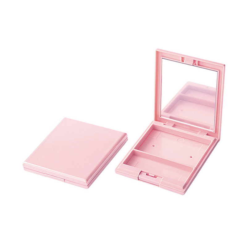 квадратно руменило во прав, компактно куќиште за огледало за шминка, розево пакување со решетка со четка
