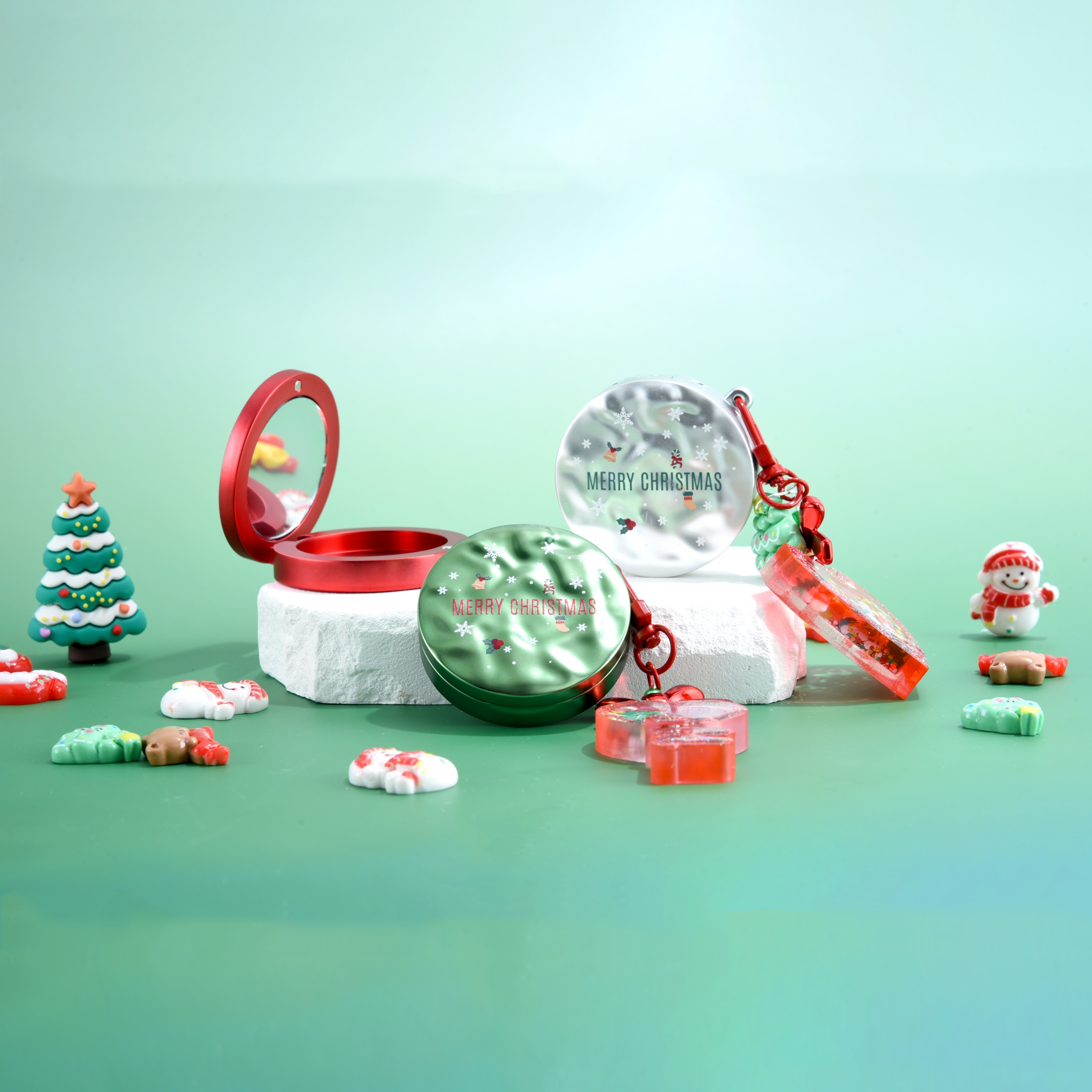 Conxunto de envases cosméticos de Nadal con acabado en ondas de auga para recipientes magnéticos de blush e tubos de brillo de beizos