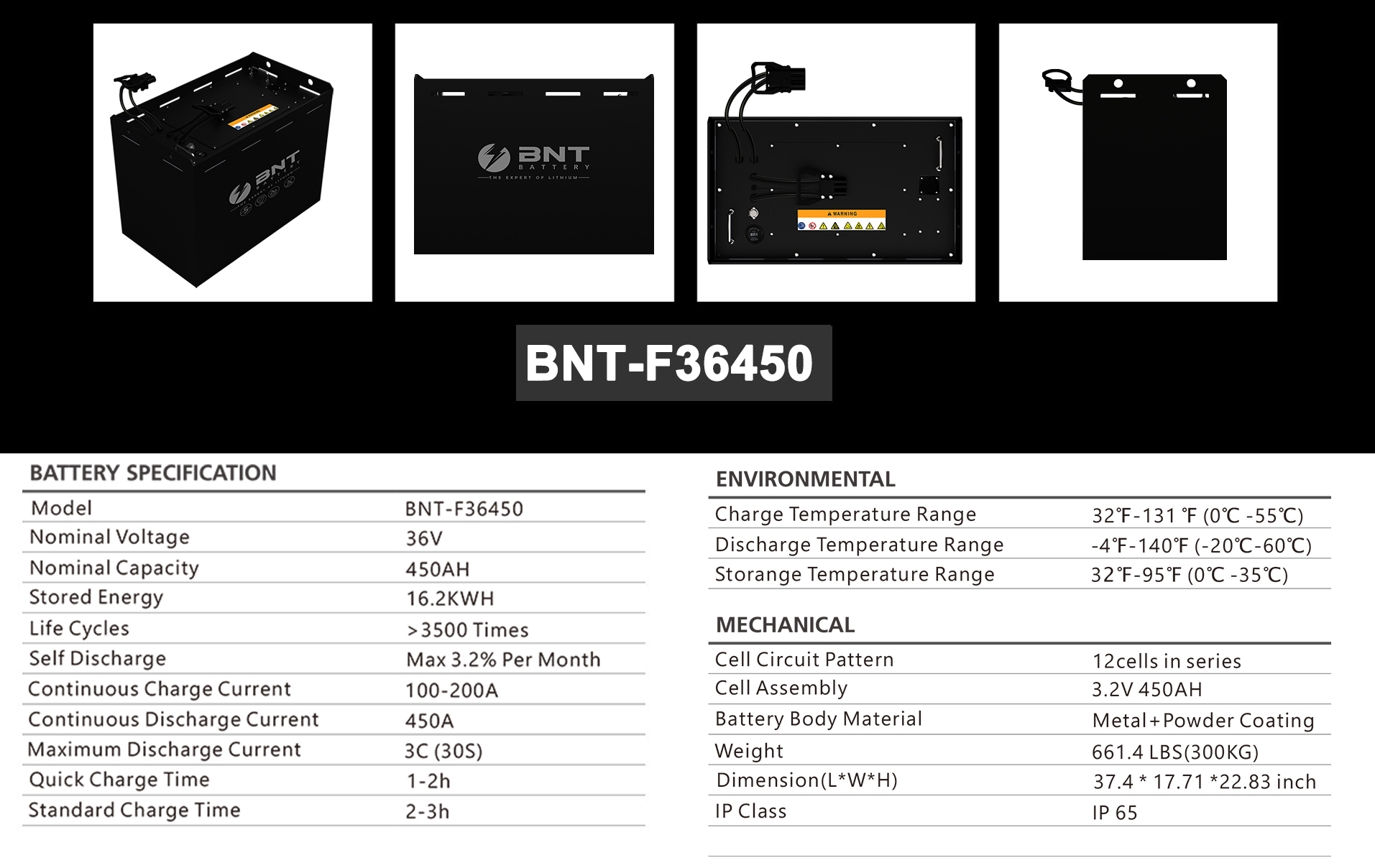 BNT FORKLIFT 36V batteriserie 450ah Specifikationer