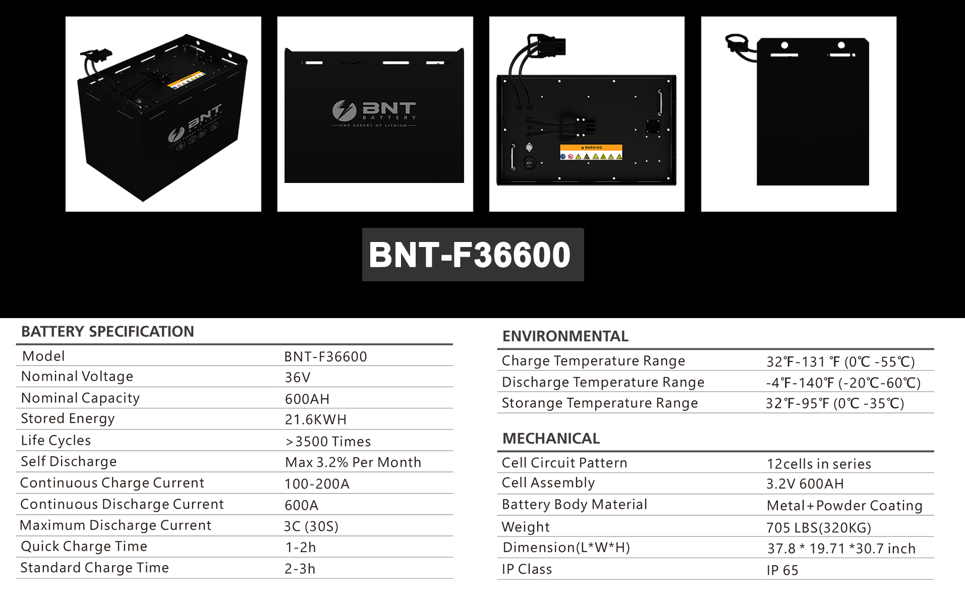 BNT फोर्कलिफ्ट 36V ब्याट्री श्रृंखला 600ah स्पेक्स