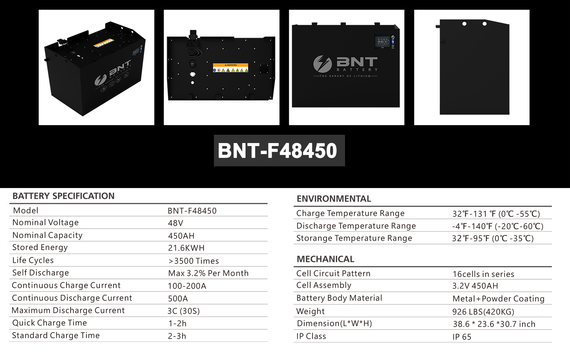BNT फोर्कलिफ्ट 48V ब्याट्री श्रृंखला 450ah स्पेक्स