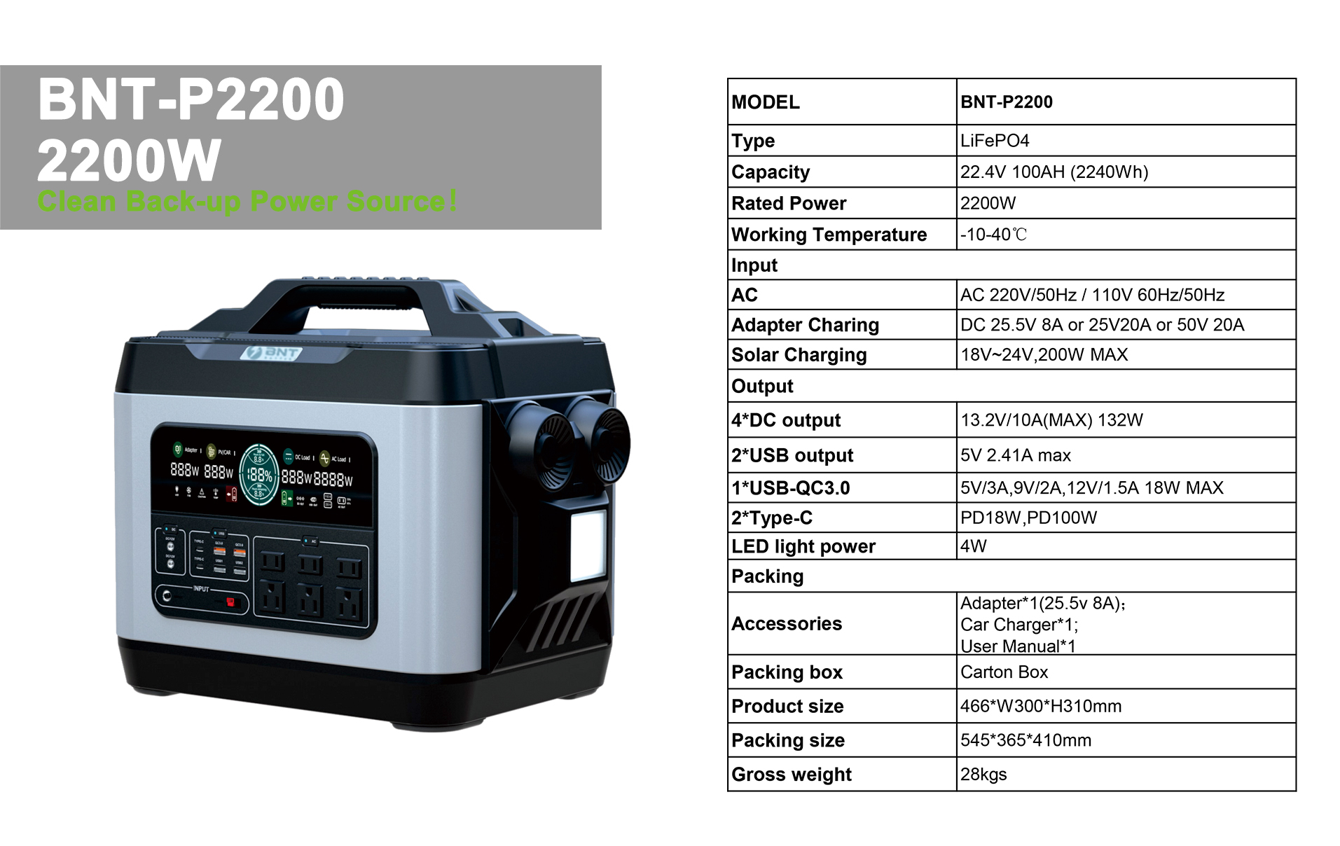 BNT पोर्टेबल पावर ब्याट्री श्रृंखला p2200 उत्पादन SPECS-design-V3.0