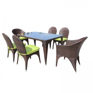 7Pcs गार्डन डायनिंग सेट- मैदानी रॅटन खुर्च्या आणि टेबल