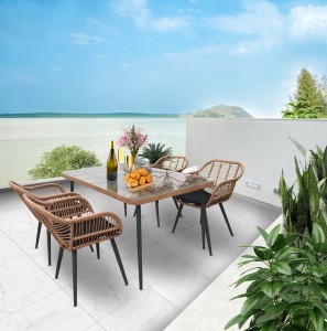 5पीसी प्राचीन प्राकृतिक या काले रतन फर्नीचर आउटडोर आँगन विकर डाइनिंग टेबल कुर्सी सेट