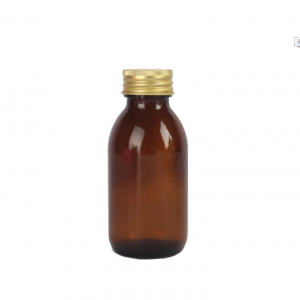 Bottiglia di vetro di sciroppo ambrato di forma rotonda