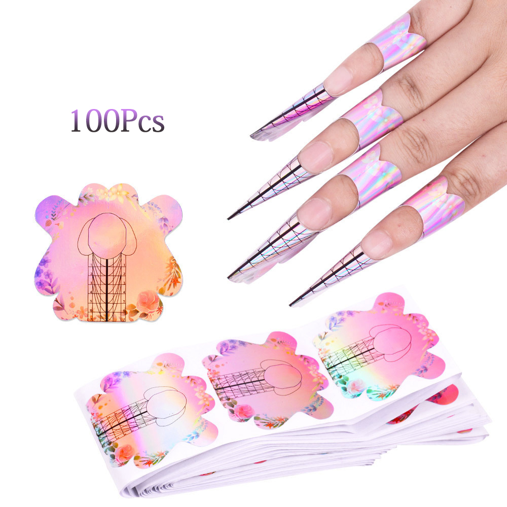 Thicken Curved Extension Sticker 3D Holographic Pink Extension Form Nails Long Butterfly Shape Paper Nail Form