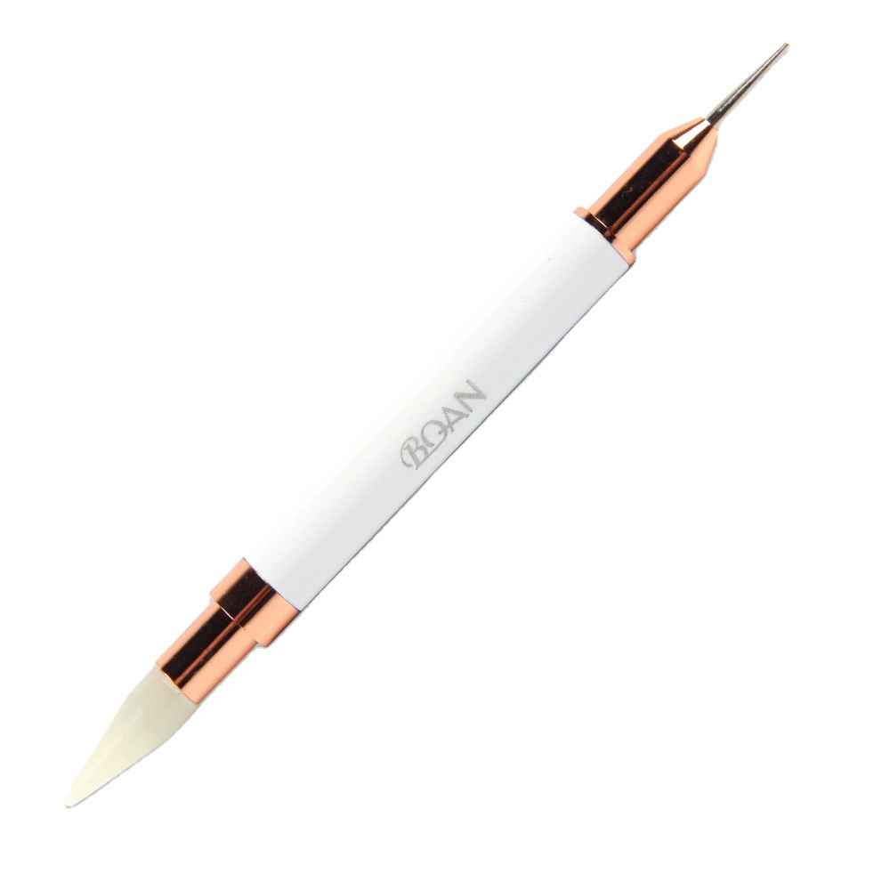 Bolígrafo punteado para decoración de uñas con logotipo de mango de metal profesional de doble uso blanco y oro rosa