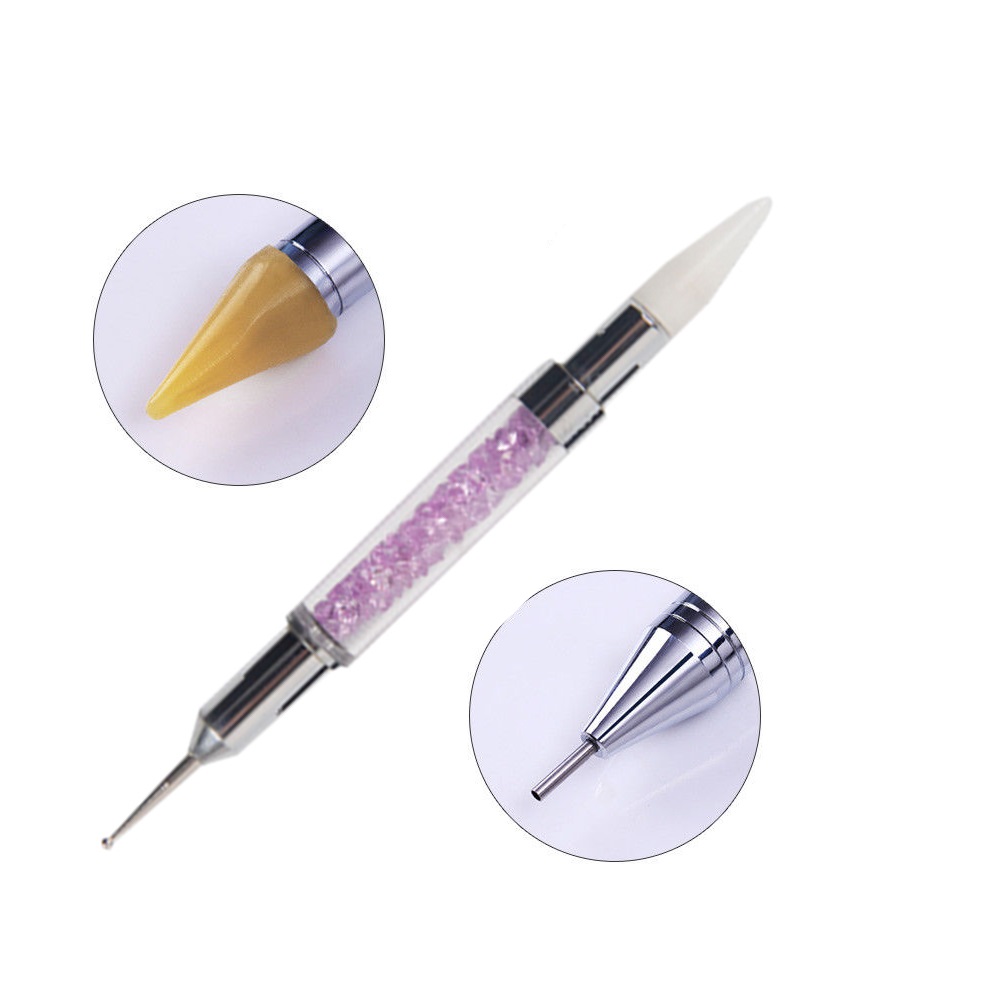 Lihlooho tse peli tse Hlakileng tsa Acrylic Metal Handle Purple Rhinestone Nail Wax Dotting Pen Image Featured