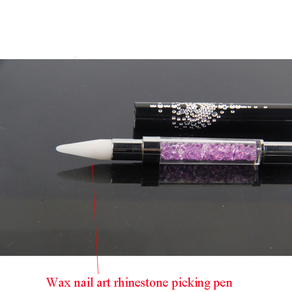 Lihlooho tse peli tse Hlakileng tsa Acrylic Metal Handle Purple Rhinestone Nail Wax Dotting Pen