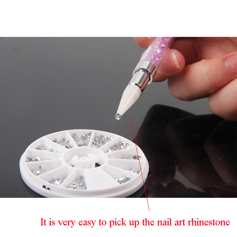 ခေါင်းနှစ်လုံး ကြည်လင်သော Acrylic သတ္တုလက်ကိုင် ခရမ်းရောင် Rhinestone Nail Wax Dotting Pen