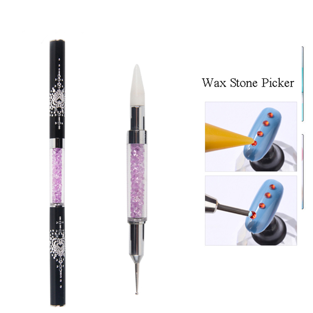 Zwee Kapp kloer Acryl Metal Handle Purple Rhinestone Nail Wax Dotting Pen