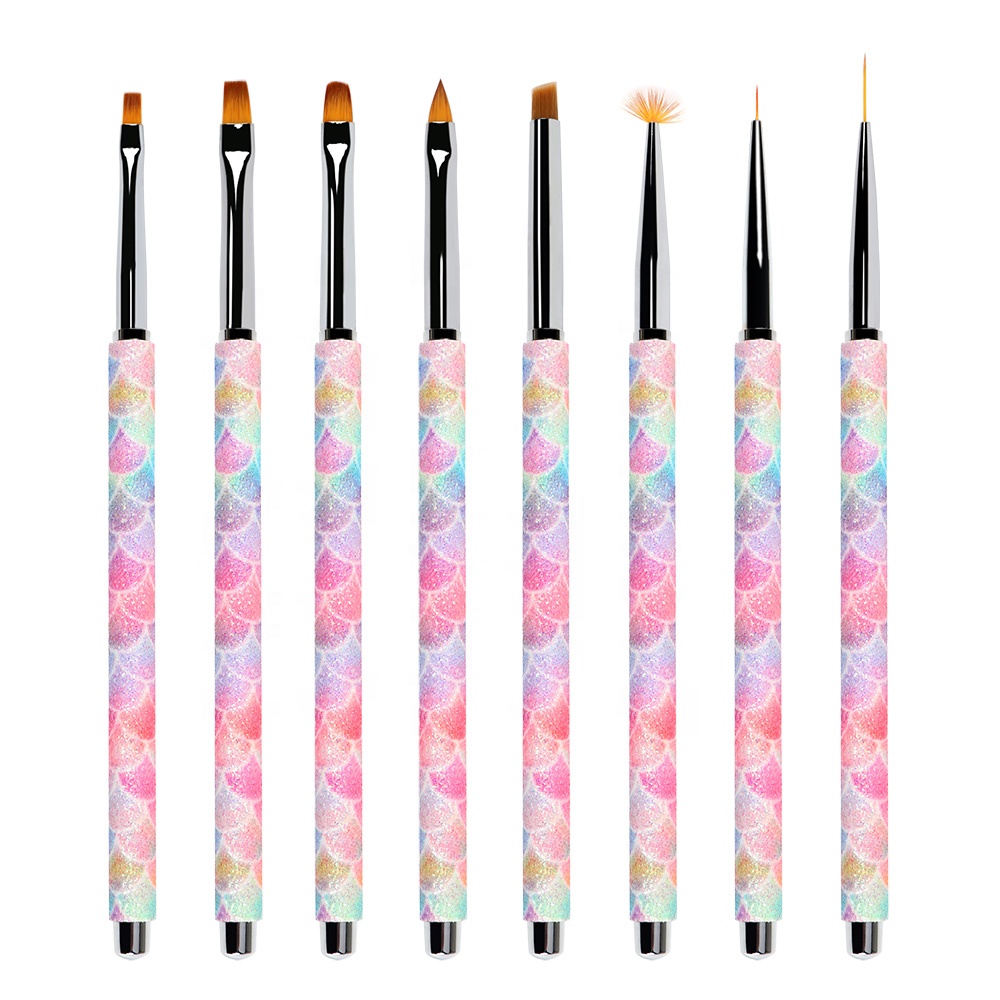 2022 Private Label Pink Mermaid Handle Synthetic Hair Extra Thin Liner Gel Oval Nail Art Brush Acrylic Brush Set