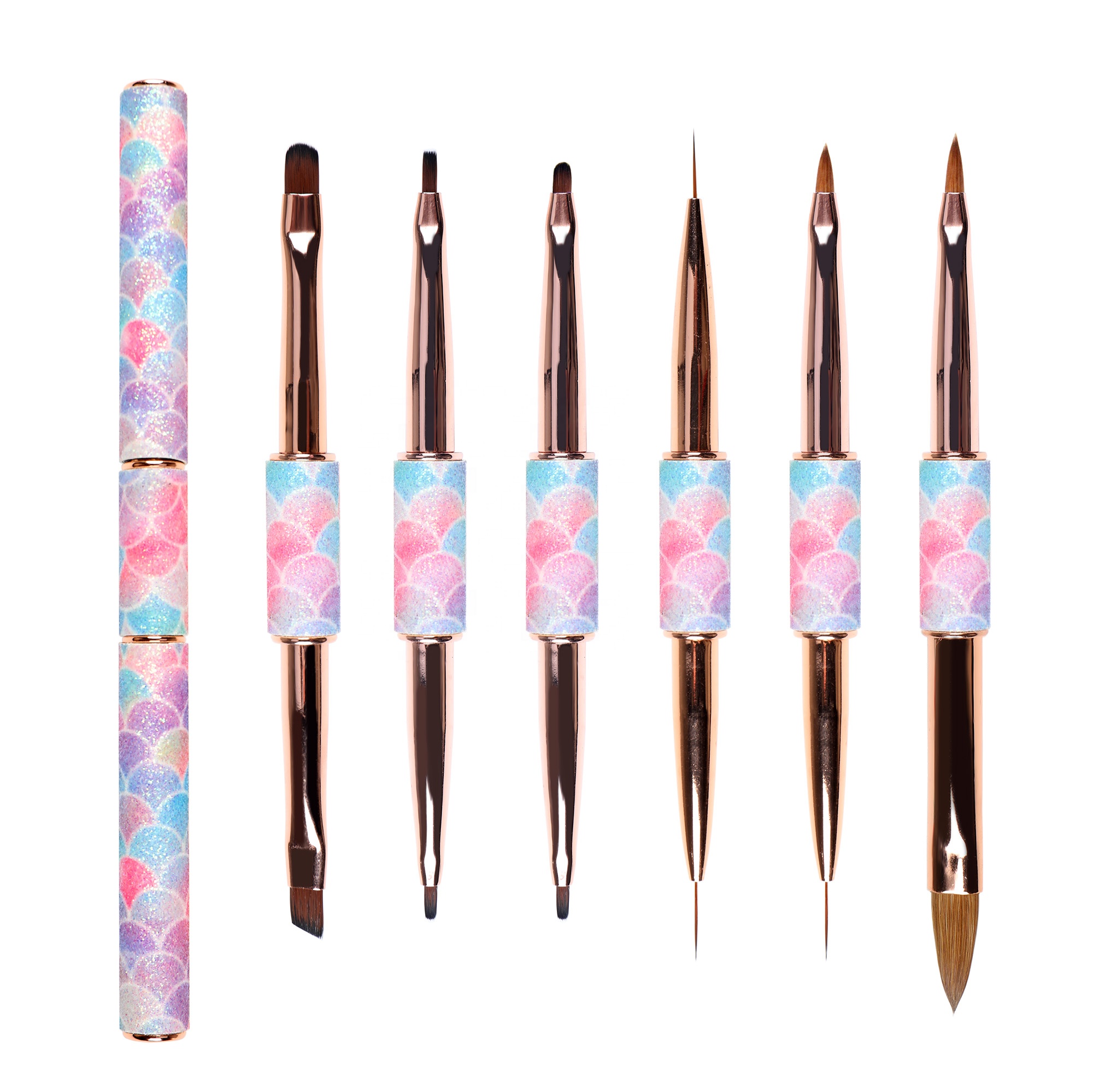 2022 Label Pribadi Pink Mermaid Menangani Rambut Sintetis Ekstra Tipis Liner Gel Oval Nail Art Sikat Akrilik Brush Set