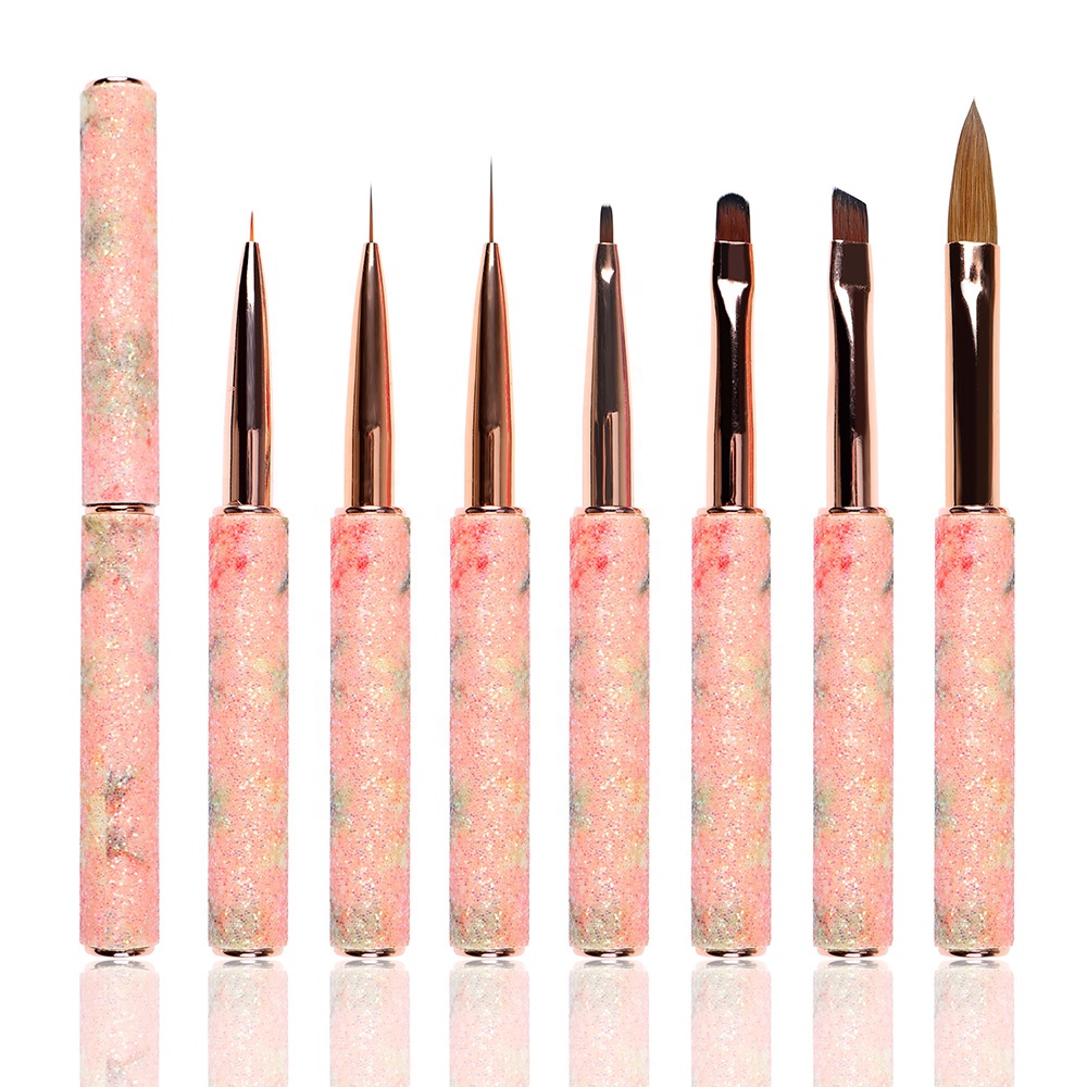 2022 Private Label Pink Mermaid Handle Synthetic Hair Extra Thin Liner Gel Oval Nail Art Brush Acrylic Brush Set