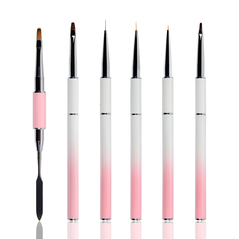 Logo personalizzato Pennello per pittura 3D con manico in metallo sfumato rosa e bianco Pennello per nail art a doppia estremità in nylon Kolinsky al 100%
