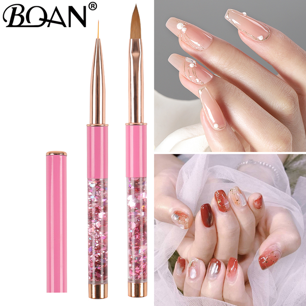 Custom Logo Pink Glitter 11mm Detail Stroke Nylon Liner Brush Paint Flowers Kolinsky Acrylic Nail Brush Set