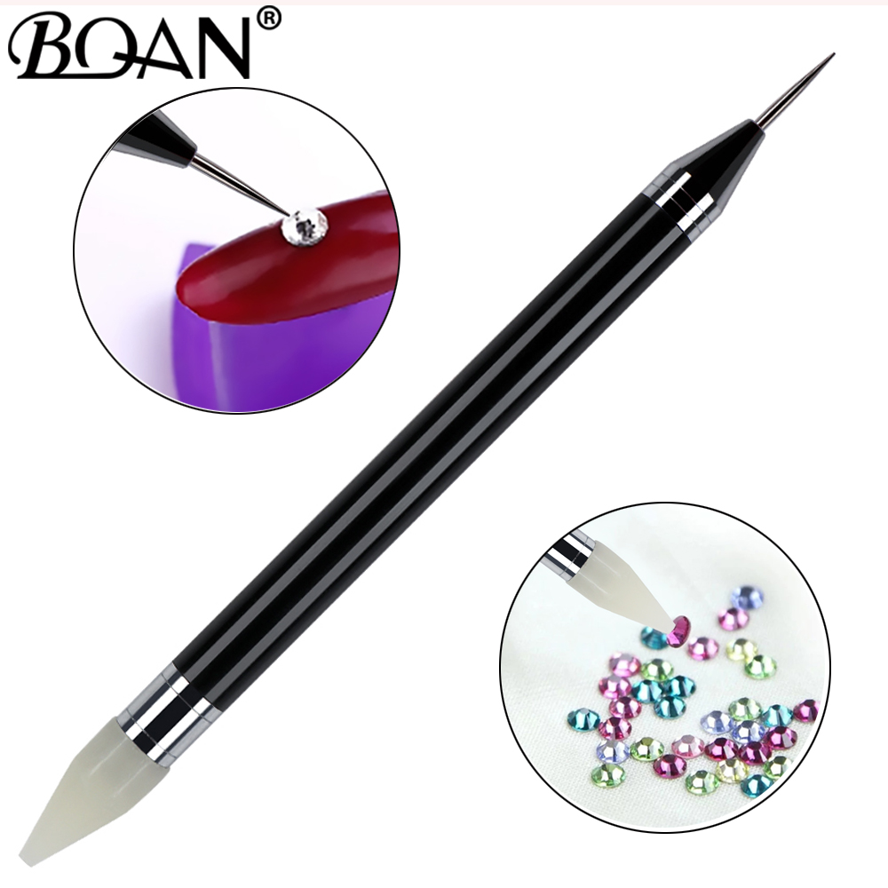 Black Crystal Beads Handle Rhinestone Studs Picker Wax Pencil Manicure Tool Handle Dual-ended Nail Dotting Pen
