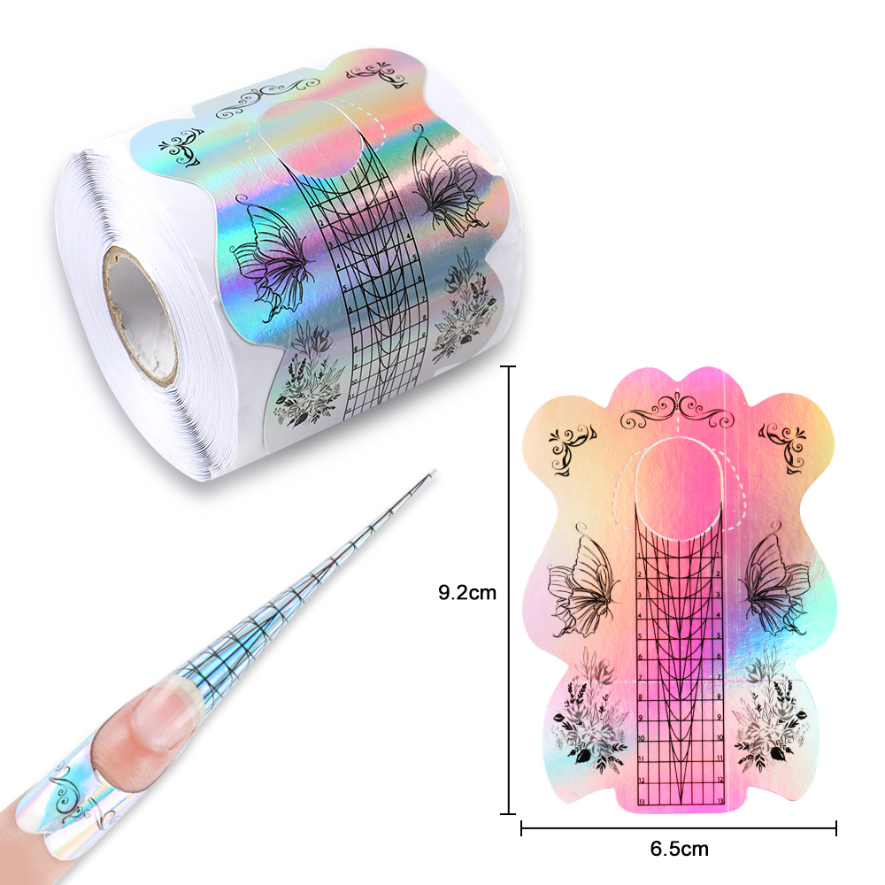 BQAN 100/300 Rolls Pink Holographic Nails Art Guide Forms Extension Extension Acrylic Curve French Paper Nail Forms