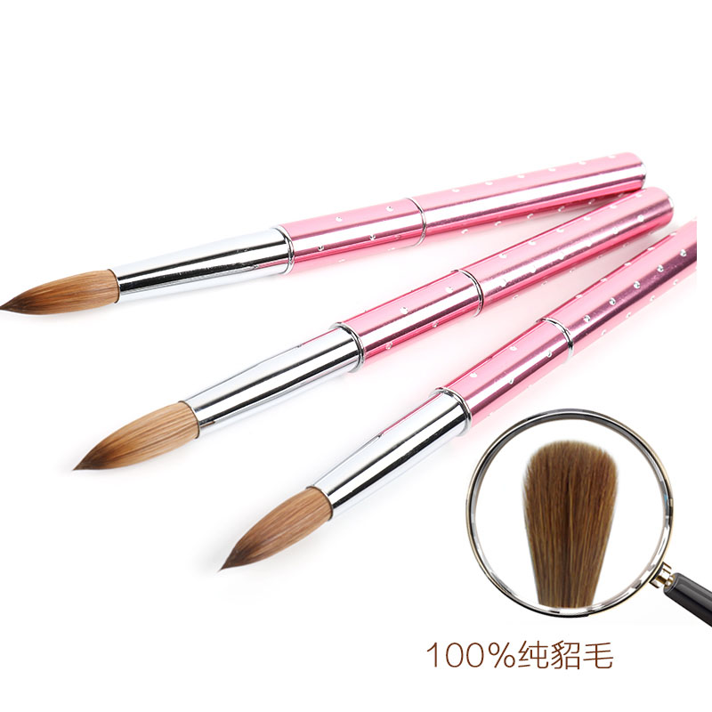 Costom OEM/ODM LOGO Pink Metal Handle With Diamond Round Crimped Kolinsky Sable Hair Acrylic Nail Brush