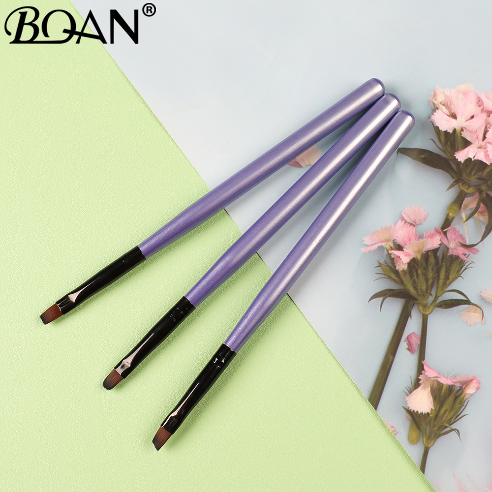 BQAN 3PCS Овални плоски наклонени четки Комплект лилава дървена дръжка Nail Art Brush Гел за лак за нокти