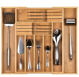 Large Bamboo Expandable Utensil Cutlery Storage Tray Drawer Organizer, Adjustable Kitchen Drawer Divider