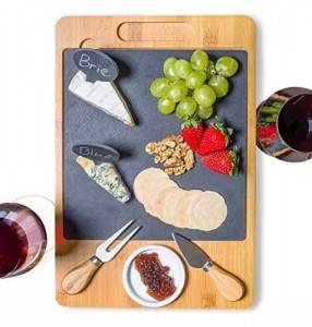Bamboo Slate Cheese Board Set with Ceramic Bowl and Drawer Serving Cutting