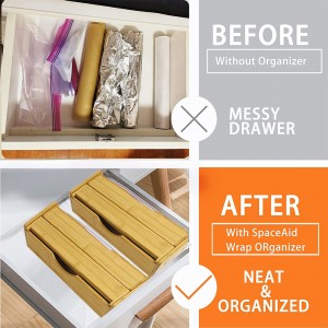 PriceList for China 3-in-1 Natural Bamboo Storage Dispenser Bamboo Plastic Wrap Dispenser with Slide Cutter for Aluminum Foil Bamboo Ziplock Organizer