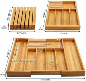 OEM Supply China Bamboo Silverware Drawer Organizer Kitchen, Expandable Utensil Holder and Cutlery Tray with Divider and Knife Block