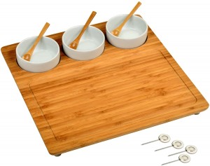 Low price for China Factory Price Cheese Cutting Board Set and Cheese Serving Platter with 3 Ceramic Bowls and Bamboo Spoons
