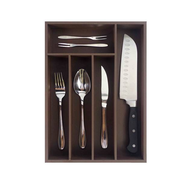 Bridge Style Bamboo Cutlery Tray Kitchen Utensil Silverware Flatware Drawer Organizer Dividers with 5 Compartment- Brown Color Featured Image