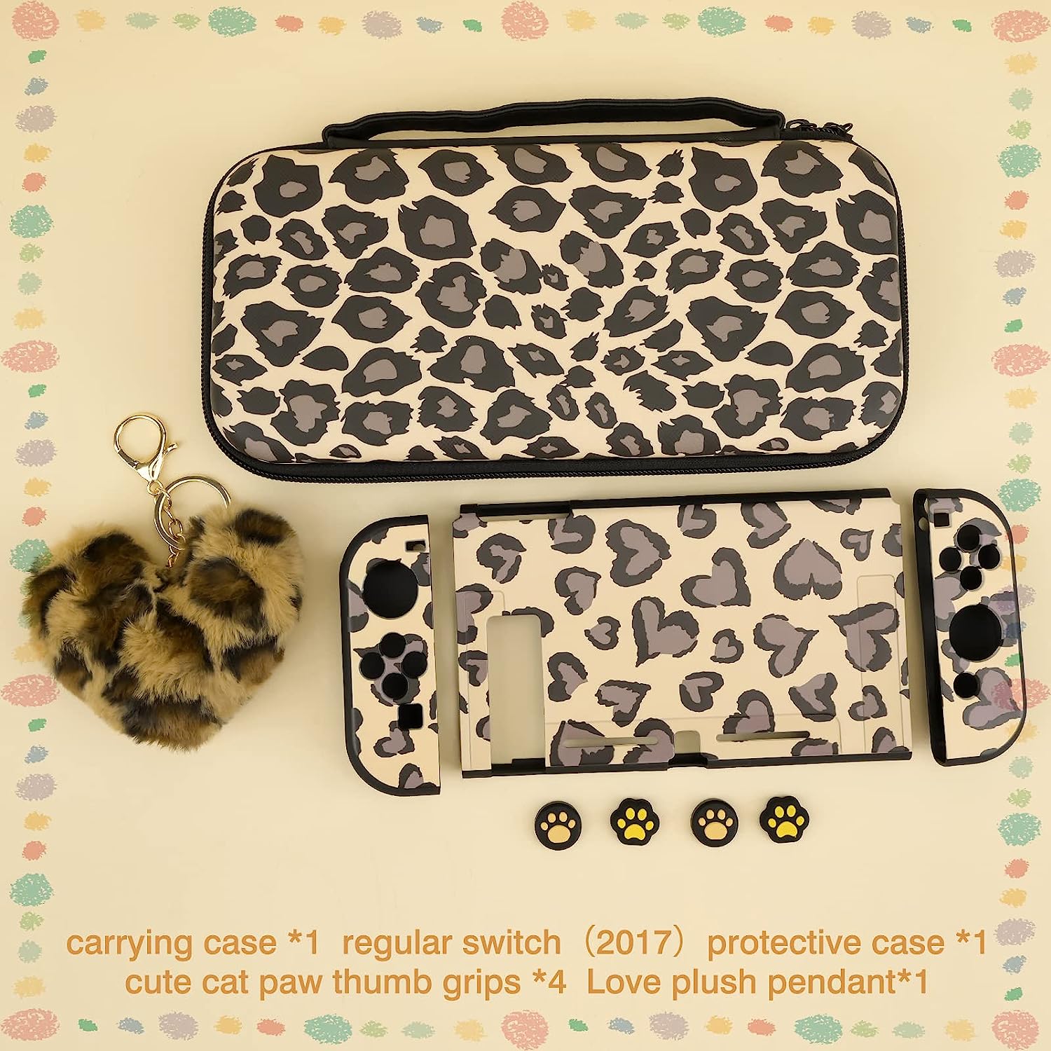 DLseego Brown Love Leopard Carrying Case for Switch, Cute Silicone Protective Case Soft Cover with 4PCS Thumb Grip Caps සහ Brown Plush Heart Pendant Hard Storage Case Accessories Kit Bundle for Girls