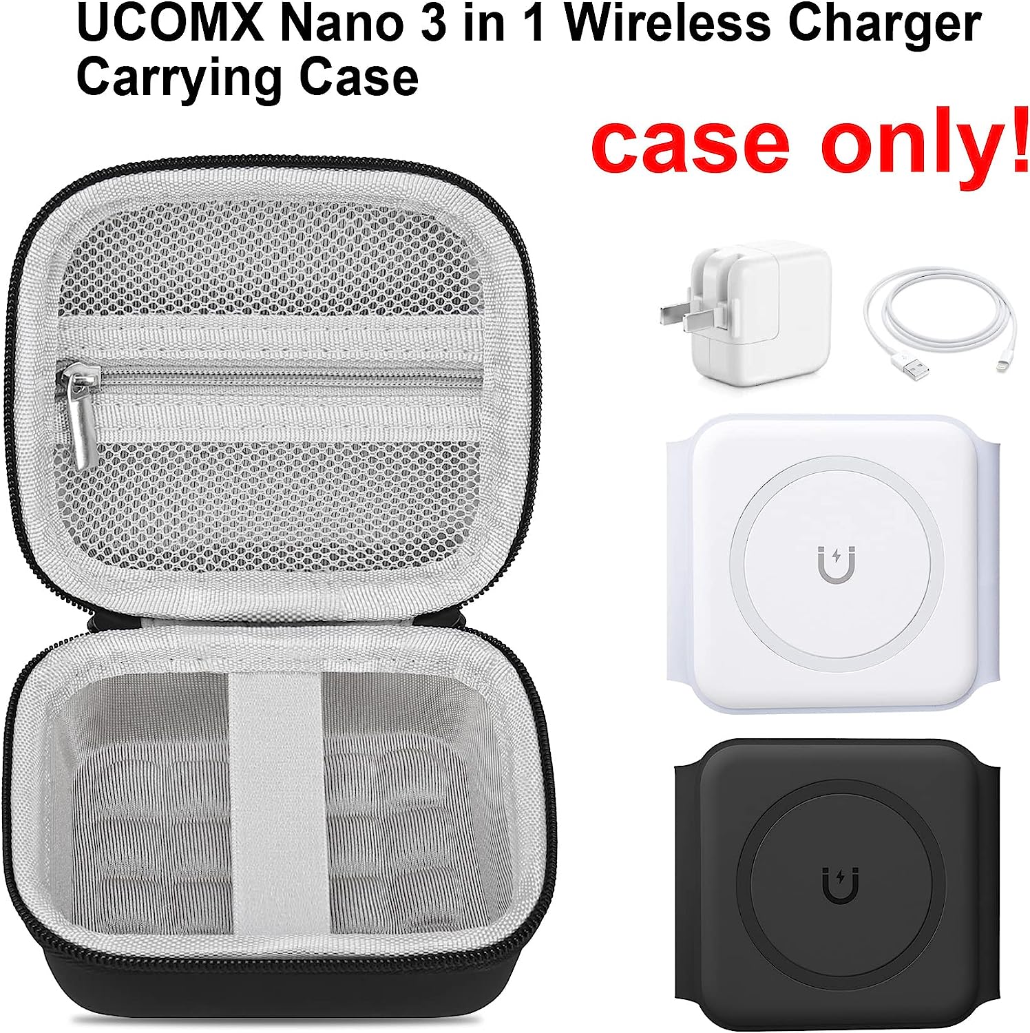 Elonbo キャリングケース UCOMX Nano 3 in 1 ワイヤレス充電器用、磁気折りたたみ式 3 in 1 充電ステーション、高速ワイヤレス充電パッド収納ホルダーバッグ、アダプターケーブルに適合するメッシュポケット、ブラック + グレー
