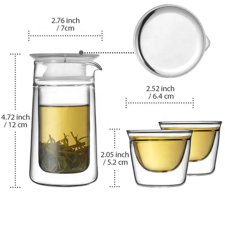 طقم شاي زجاجي محمول بتصميم جديد مع أكواب وحقيبة سفر