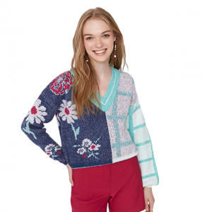 Gorąco sprzedający się damski sweter z żakardowym dekoltem w kształcie litery V w dopasowanym kolorystycznie kolorze