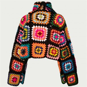 Wanita Multicolor Grafis Turtleneck Lantai Crochet Sweater Atasan Wanita