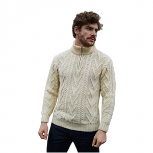 Машка јака со патент од волна Мерино Ирски рибар плетен зимски пуловер со џемпер на отворено.