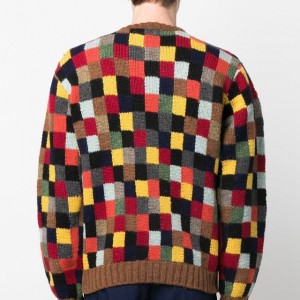Popolare pullover lavorato a maglia girocollo impiombato a quadri colorati da uomo