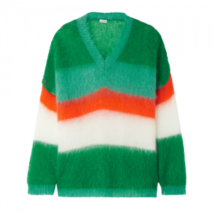 Womens Green V Neck Striped Mohair Blend Sweater
